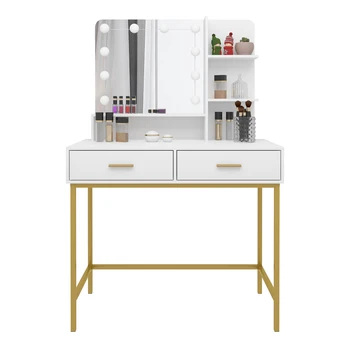 WOLTU White Dressing Table with 10 LED Bulbs Mirror 2 Large Drawers Dresser Vanity Modern Cosmetic Table for Bedroom Household