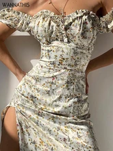  WannaThis Summer Floral Off Shoulder Puff Sleeve Maxi Dress For Woman Robe Sexy Lace Up Side Split Chic Mid-Calf Aesthetic Dress 