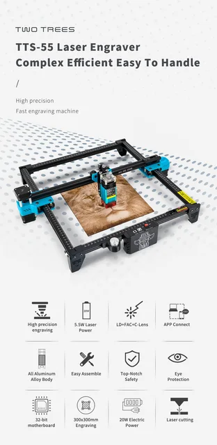 Twotrees Tts 55 Pro Laser Engraver, 5.5w Laser Output Power, 11.8 In X 11.8  In Engraving Area, 10000mm/Minute Engraving Speed And Application  Controlled Laser Engraving Machine, Suitable For Wood, Metal, Aluminum,  Glass