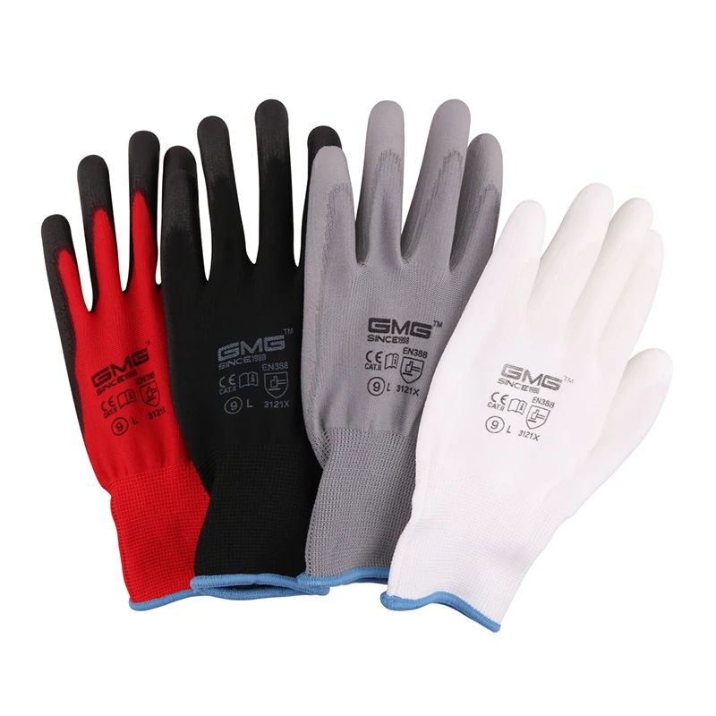 12 пар Горячая GMG CE сертифицированный EN388 белый полиэстер белый PU защитные рабочие перчатки для работы 12 пар