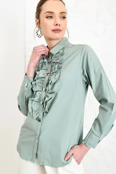 

Trend Alacati Style Women Black Front Frilled Poplın Shirt ALC-X3898