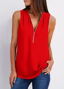 

ZOUDKY Loose Casual Blouse Female m002 Black Solid Sleeveless V-Neck Zipper KS064