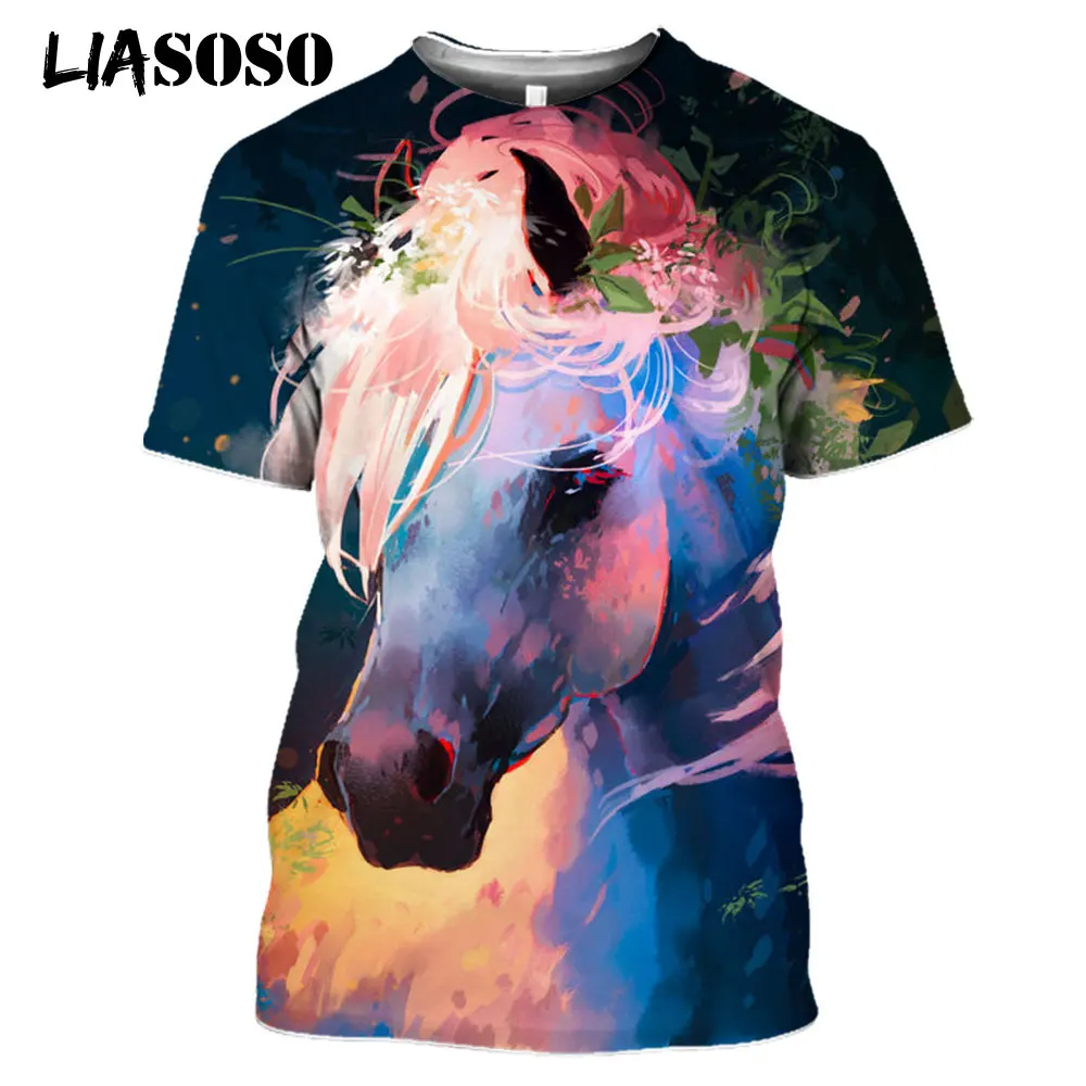 LIASOSO 2021 3D Print Robust Horses Snow Anime Horse Animals Tshirt Women Men Casual T-shirt Pullover Short Sleeve Large Clothes