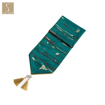 

Green and Gold Abstract Art Table Runner with Tassel, 82.7"x 12.6"