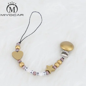 

Personalised -Any name sliver and gold 2 color wooden beads dummy clip holder pacifier clips soother chain teether clip