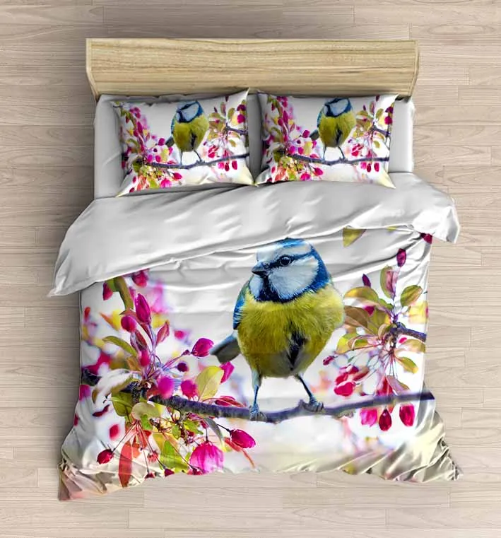 

Else 4 Piece Pink Flower Tree Branch Blue Yellow Bird 3D Print Cotton Satin Double Duvet Cover Bedding Set Pillow Case Bed Sheet