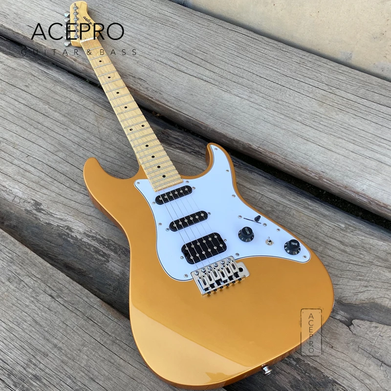 

Acepro Gold Color Electric Guitar, Tremolo Bridge, 2-piece Mahogany Body, High Quality Maple Neck, 6 String Guitarra, In Stock