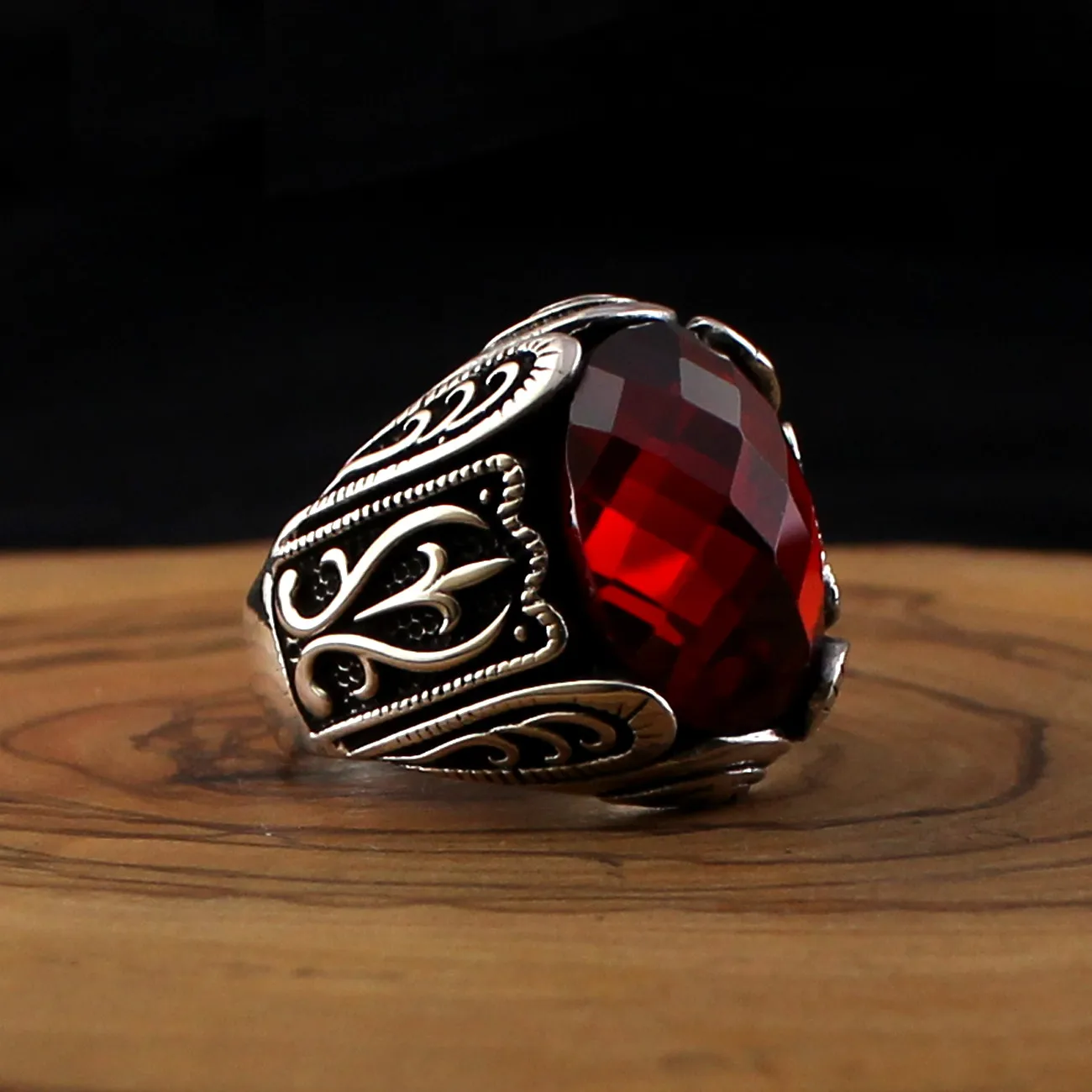 

925 Sterling Silver Ring for Men with Red Zircon Stone Jewelry fashion vintage Gift Aqeq Onyx Mens Rings All Size made in Turkey