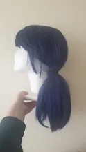 L-correo-Peluca de cabello sintético resistente al calor para Cosplay, pelo liso de doble cola, color azul oscuro, para Halloween