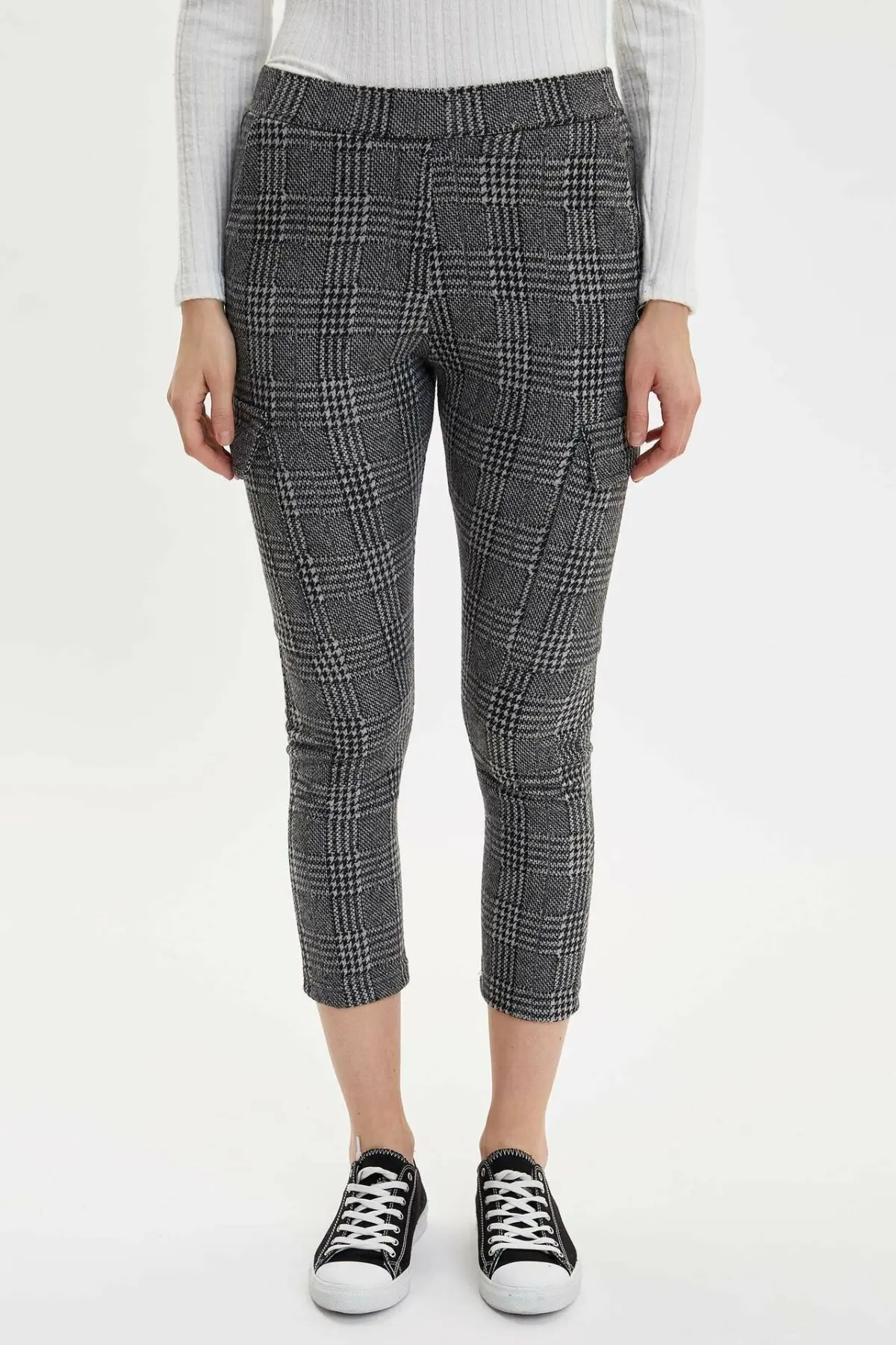

DeFacto Woman Women Winter Plaids Ninth Pants Women Slim Grey Grids Bottoms Female Skinny Thick Trousers-M8979AZ19WN