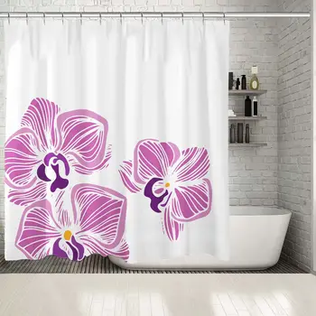 

Shower Curtain Orchid Flowers Blossoms Bouquet Exotic Plant Cartoon Illustration Printed Purple White