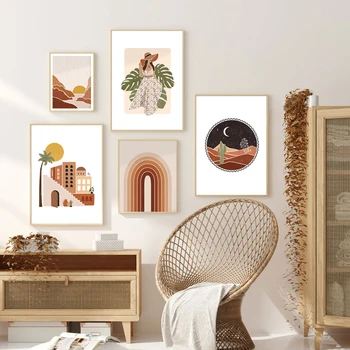 

Boho Abstract Woman Plants Prints Terracotta Rainbow Landscape Burnt Orange Painting Gallery Wall Art Pictures Living Room Decor