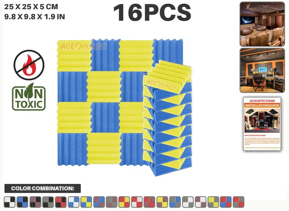 Blue and Yellow Arrowzoom 16 шт Упаковка цветовая комбинация 9," x 9,8" x 1," клиновая плитка студия Звукопоглощающая Панель акустическая обработка пены - Цвет: Blue and Yellow