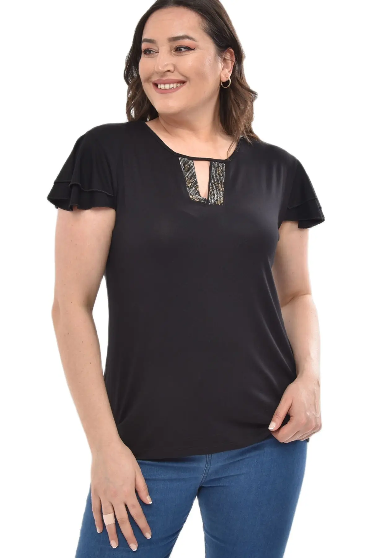 Женская блузка с оборками и коричневыми бриллиантами, черная блузка, разработанная и изготовлена в Турции, Новое поступление