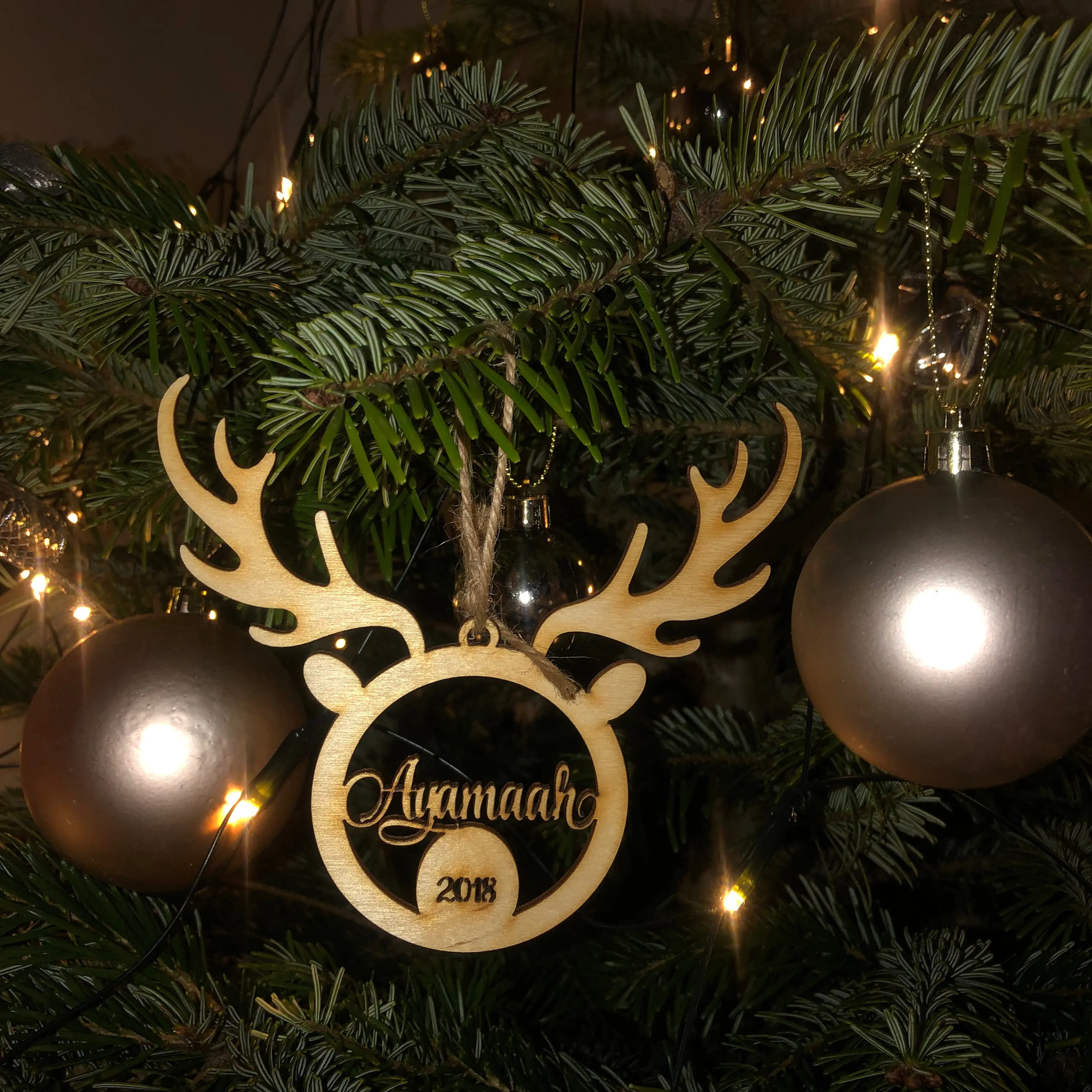 Handmade personalised reindeer couple bauble.engraved christmas decoration heart 