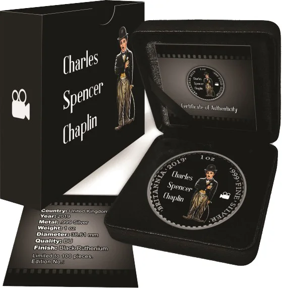 CHARLIE CHAPLIN Britannia Ruthenium 1 унция Серебряная монета 2 фунт стерлингов Великобритания