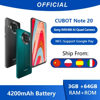 Перейти на Алиэкспресс и купить Cubot Note 20 задний Quad Camera смартфон Четыре камера NFC телефон 3 Гб + 64ГБ 6,5 дюйма 4200 мАч Большая Батарея новая Google Android 10 система две sim-карты мобильны...