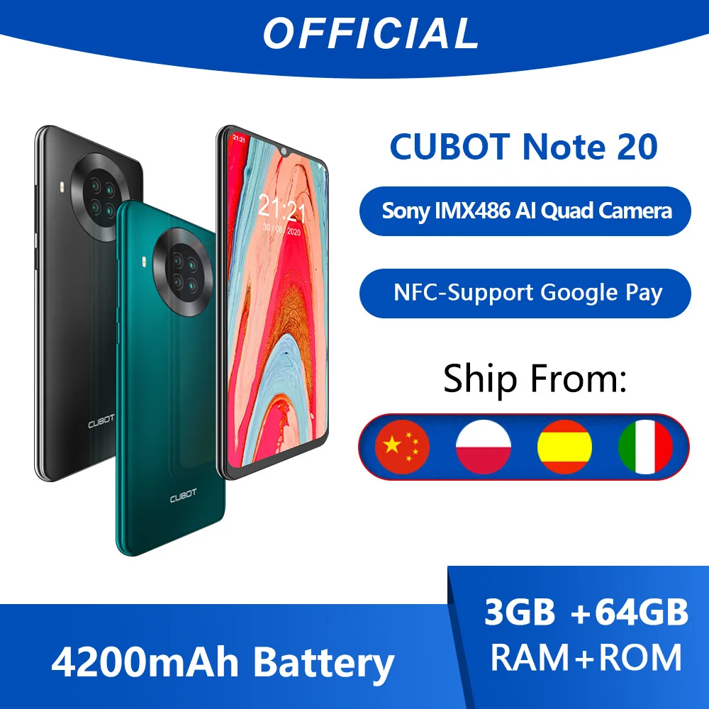 Cubot Note 20 задний Quad Camera смартфон Четыре камера NFC телефон 3 Гб + 64ГБ 6 5 дюйма 4200 мАч