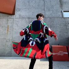 Хип-хоп Длинный Цветочный Тренч для мужчин с принтом кота, свободный цветной Бейсбольный воротник