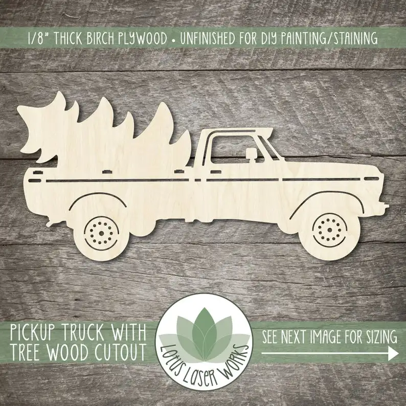 

Pickup Truck With Christmas Tree Wood Cutout, Vintage Pickup With Tree In Bed, Wood Holiday Cutouts, Truck With Tree