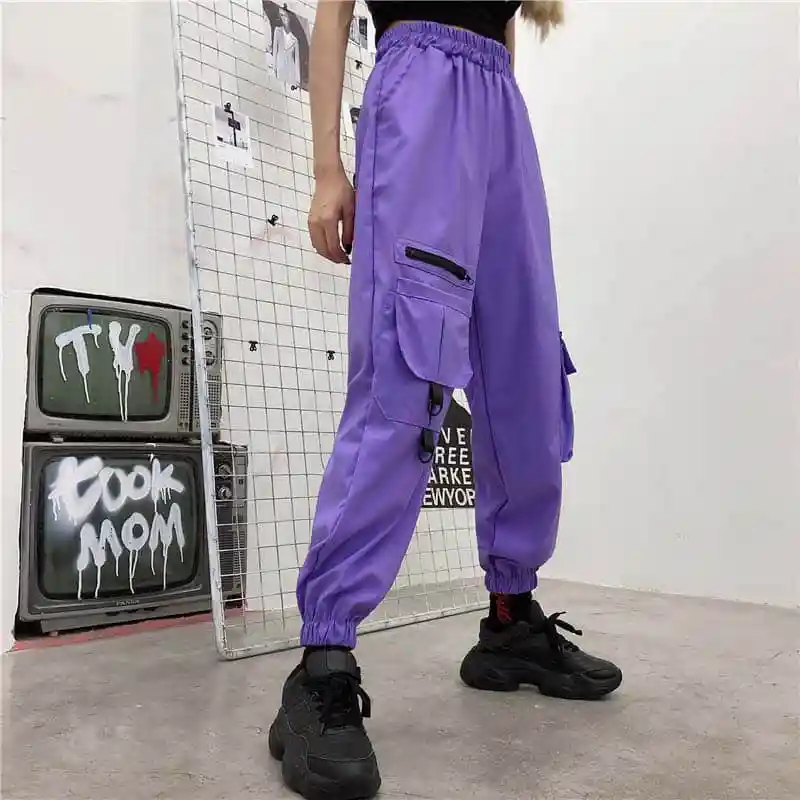 Baratos Harajuku Casual Cargo Pants Mujer elástico alta cintura señoras Pantalones 2019 Modis Streetwear Pantalones Mujer