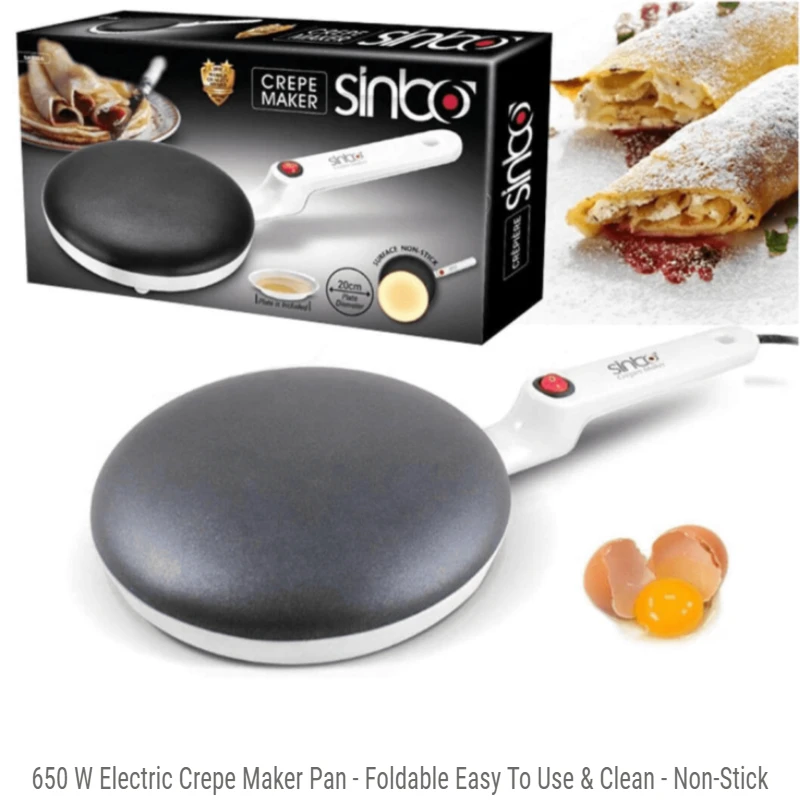 

NEW! Sinbo Crepe Maker Electric Round Pan - Non Stick Coated Easy To Use And Clean-Safe and Portable Trusted Brand-Free Shipping