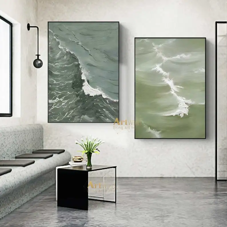 

Set of 2 Sea wave thick texture Green abstract painting on canvas white wall art pictures for living room decoracion wall poster