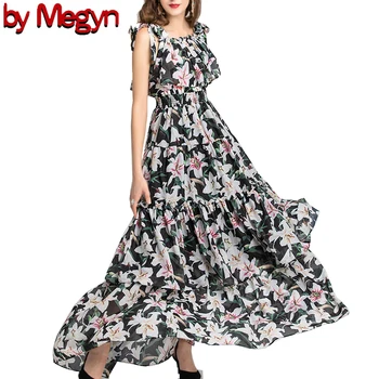 

by Megyn 2019 new women summer maxi print long dress lily print shoulder off slash neck sexy long dress 2XL stretch waist