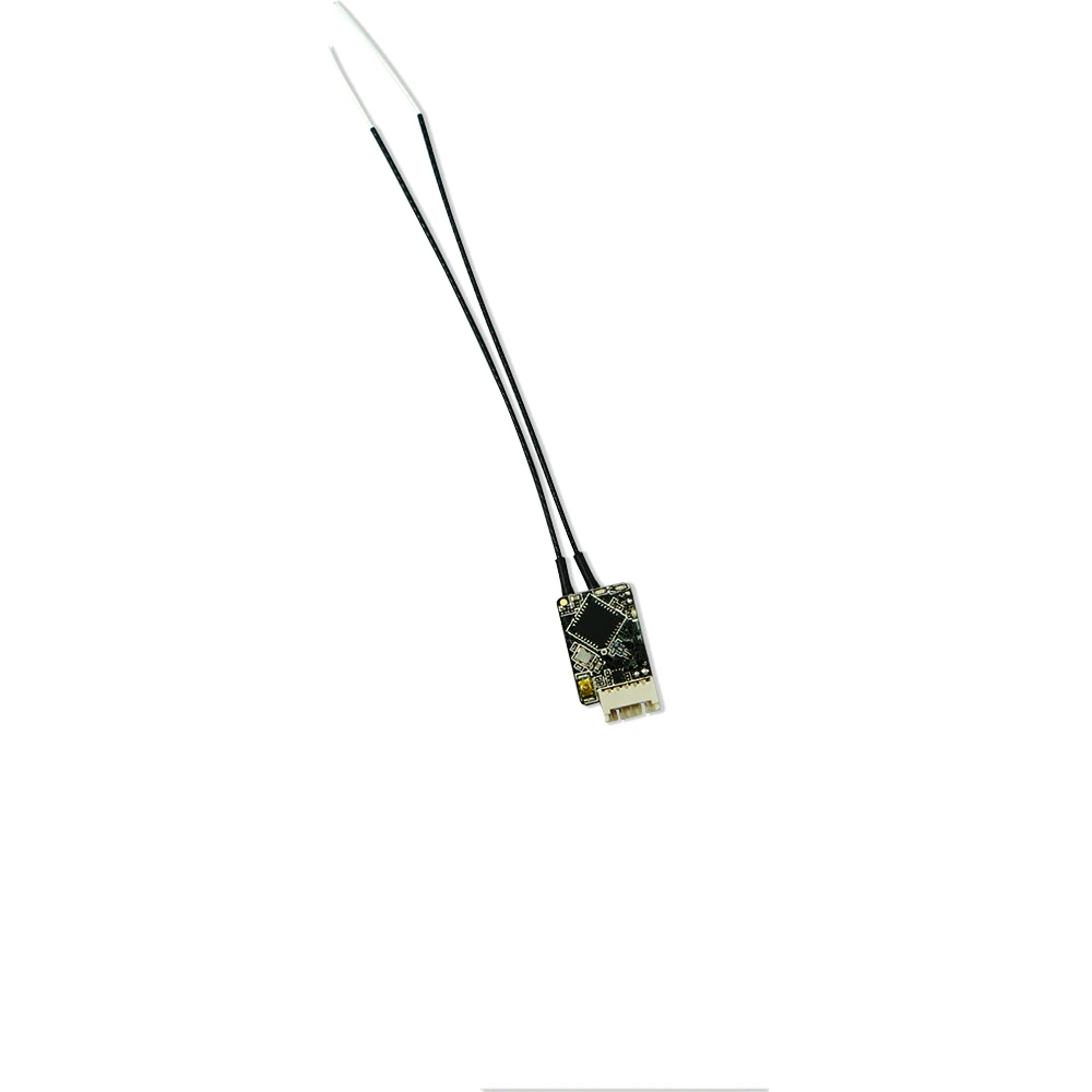 Récepteur FrSky R-XSR Ultra Mini pour Drone FPV avec câbles et antennes déployés sur fond blanc