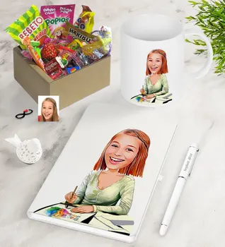 

Personalized Women 'S Graphic Designer Caricature Of Nostalgic Lezzetler Notebook Pen Mug Gift set