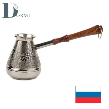 

Copper coffee turka with carved wooden handle and tin plated. Various volumes (200 ml / 400 ml / 600 ml / 700 ml)