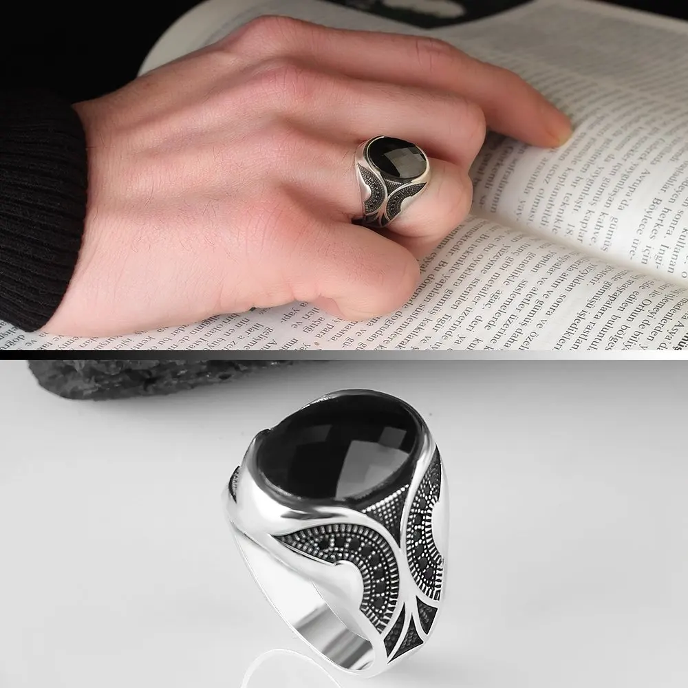 

Zircon stone 925 Sterling Silver Engraved Traditional Handmade Turkish Signet Ring Jewelry Gift Women Men orjinal silver