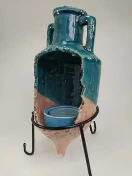 

Turquoise Terra Cotta Candle Holder with Metal Legs Traditional Turkish Handmade Boho Home Decor Made in Turkey
