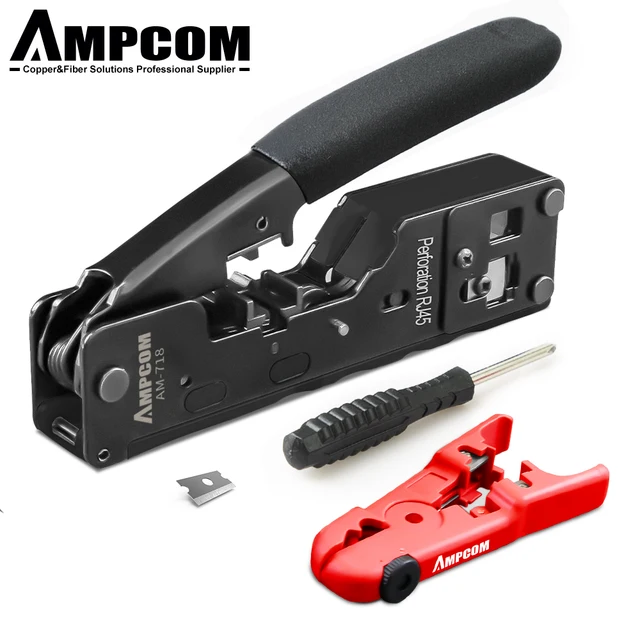 AMPCOM RJ45 RJ11 Pass Through Crimping Tool for Cat7/6A Cat6/5 Ethernet Modular Plugs Connectors With Stripper and Spare Blade Black Set 1