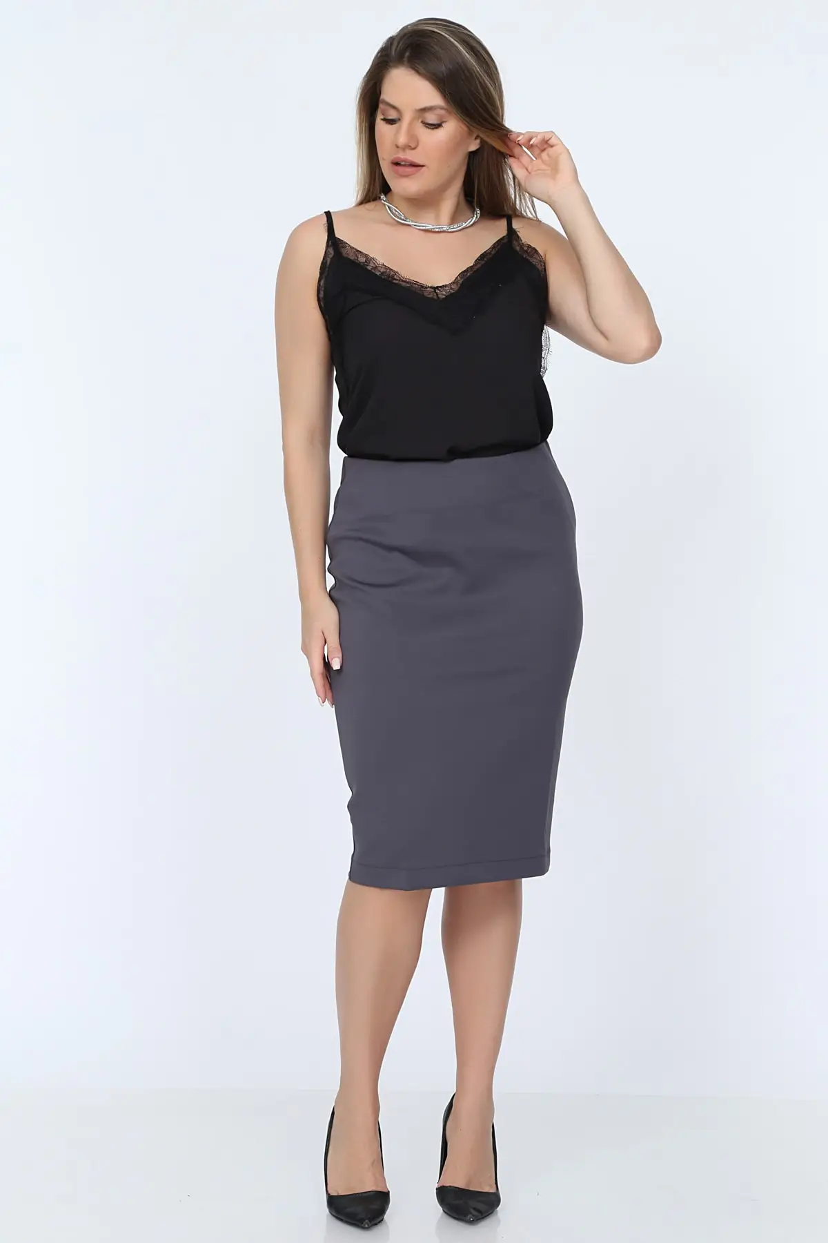 

Big Free Women 'S Gray Waist Hidden Rubber Zipper Slash Pencil Skirt TB20KB072379