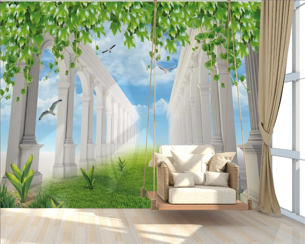3D фотообои. Расширяющие пространство колонны. Голубые перья. Любой размер.