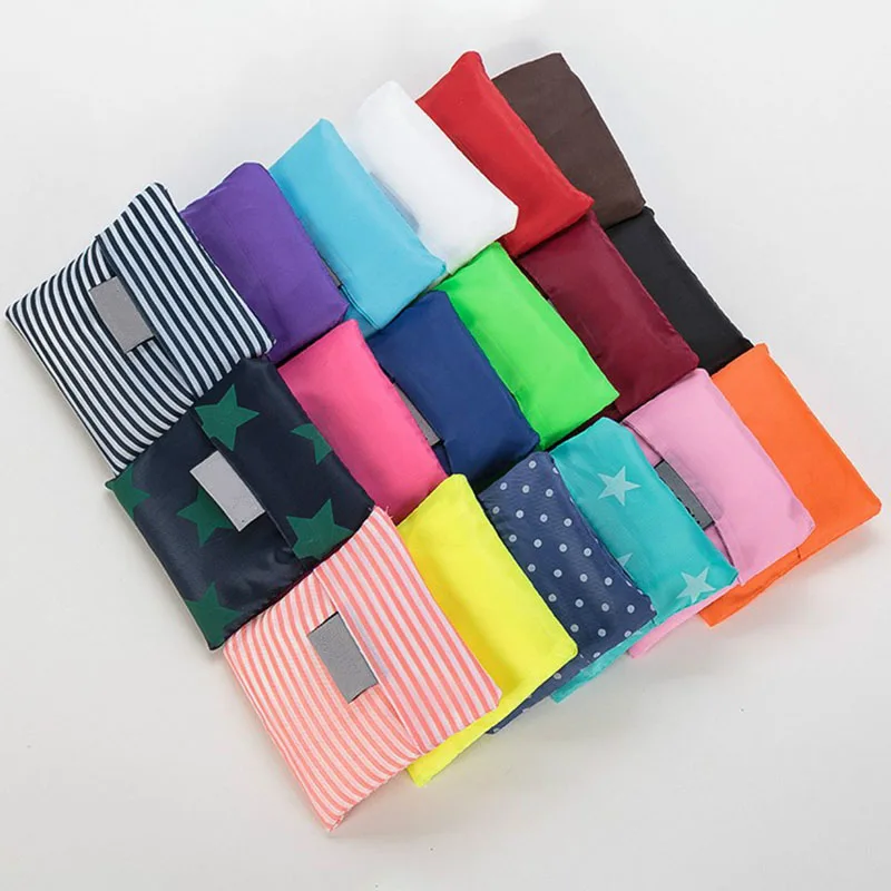 500pcs/lot Recycled Reusable Foldable Polyester Shopping Bag Portable Supermarket Grocery Bag Travel Bag with Hoop Key Ring Clip