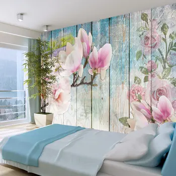 

Wall mural-Pink Flowers on Wood - 200x140 cm