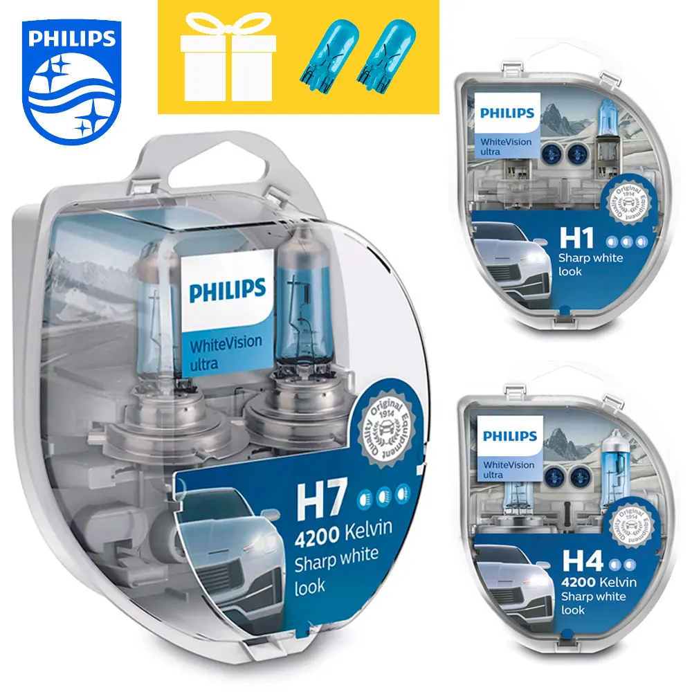 Фото Комплект автомобильных ламп Philips WhiteVision ultra H7, H4 или H1 + W5W в подарок (2шт.+2шт.) 12972WVUSM 12342WVUSM 12258WVUSM №1