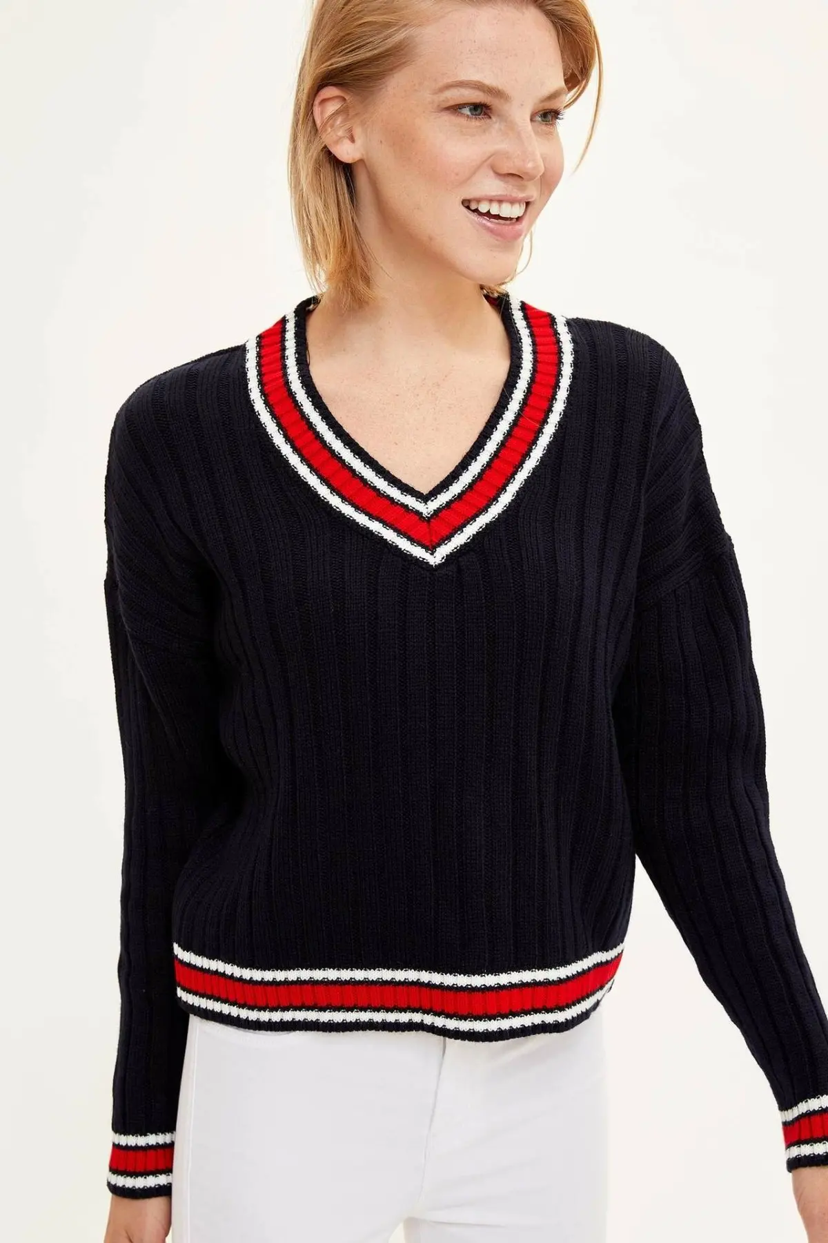 

DeFacto Women V-Neck Pullovers Sweatshirts Casual Long Sleeve Knitted Black White Pullover Striped Slim Street Top-J2164AZ19AU