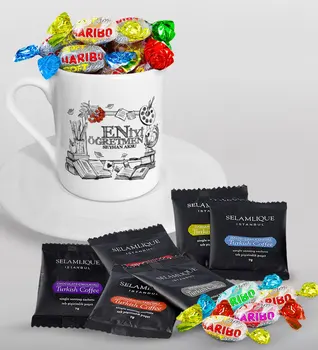 

Personalized Best Teacher Turkish coffee Cup Selamlique Mixed Turkish Coffee House and Haribo Candy Gift Seti-8