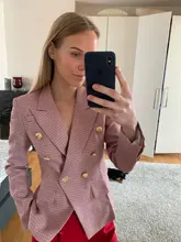 Houndstooth Blazer Jacket Buttons Classic Double-Breasted Womens High-Street Metal Newest