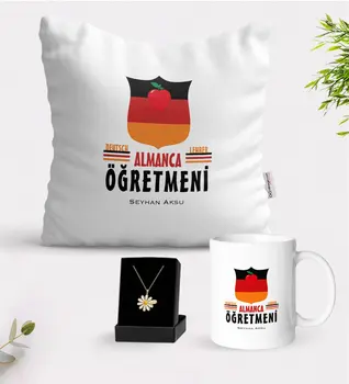 

Personalized German Teacher White Mug Cushion and Is Daisy Necklace Gift Set