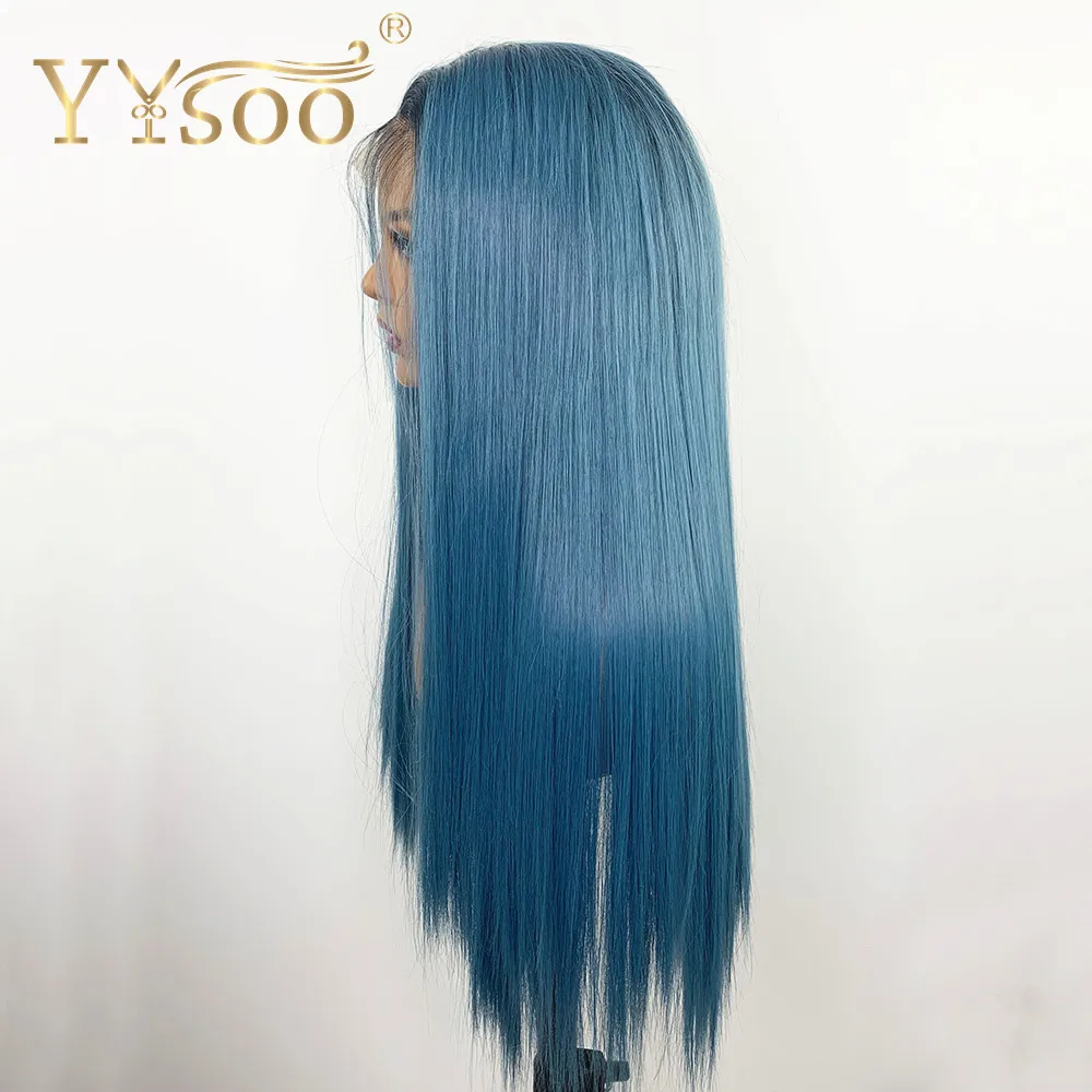 YYsoo 13x6 синтетический серебристый синий длинный Sliky Прямые парики для Для женщин термостойкие волокна волос темные корни эффектом деграде(переход от темного к Замена парики