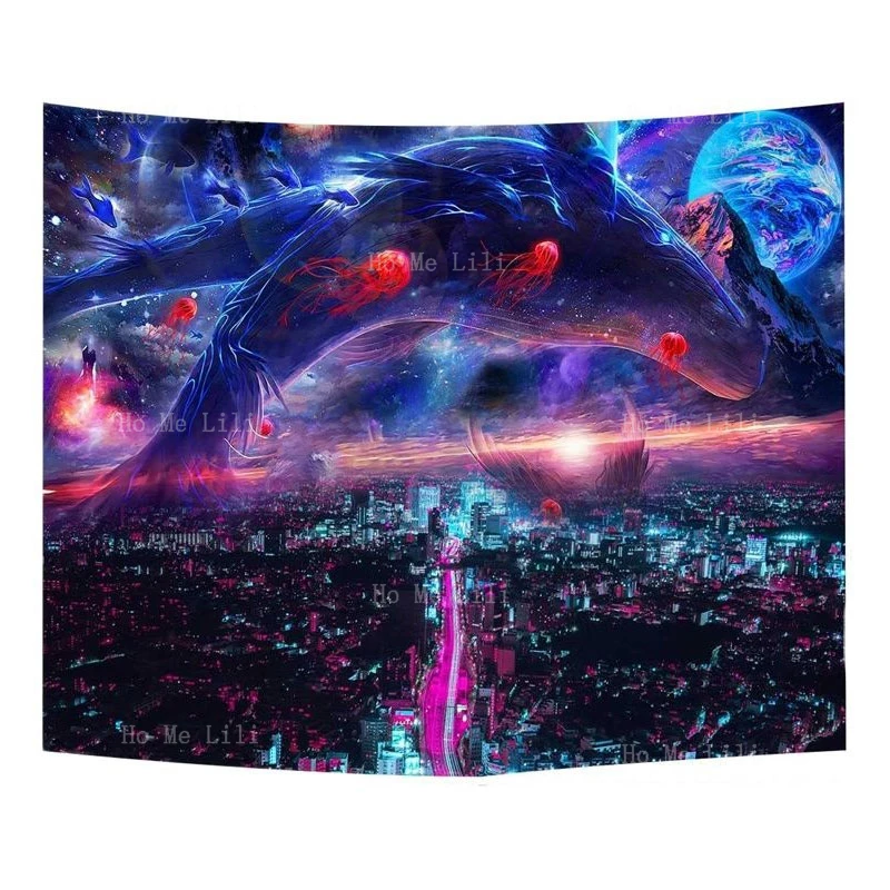 City Night Tapestry Ocean Animal Whale Magic Planet Starry Sky Color Meduse Wall Hanging For Decor Home Decoration