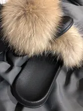 Zapatillas de piel de mapache esponjosa para mujer, chanclas planas de piel de zorro Real, sandalias deslizantes de pelo peludo para exteriores, zapatos increíbles para mujer