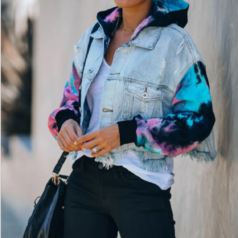 

2020 Hoodies Ripped Bomber Jacket Women Patchwork Graffiti Denim Jacket Autumn Korean Oversize Coat Button Pocket Short Overcoat