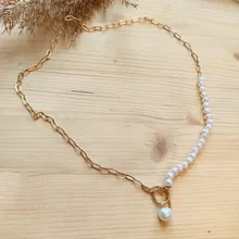 LOVOACC-collar de perlas naturales de agua dulce para mujer, cadena de eslabones gruesa dorada, cierre de palanca asimétrico, Gargantilla circular