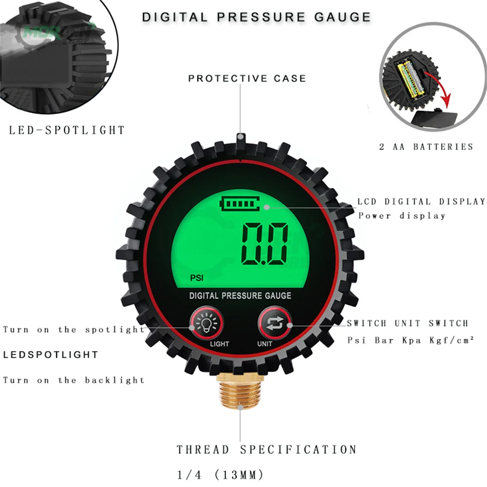 Rang to 255PSI Digital Gas Pressure Gauge with M11 1/4 1/8NPT Screw Thread Connector Rubber Protector For Car Truck Motorcycle pressure gauge fluid pressure gauge