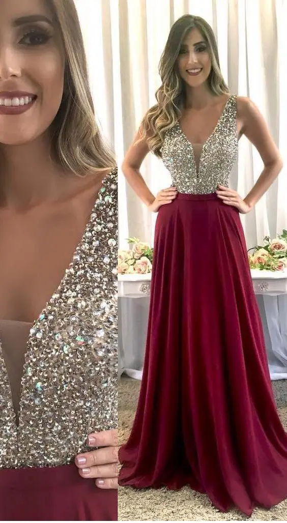 Сексуальный v-образный вырез Выпускные платья Burgundy бусины Vestidos De Fiesta Largos De gala с низким вырезом на спине, Vestitos De gala